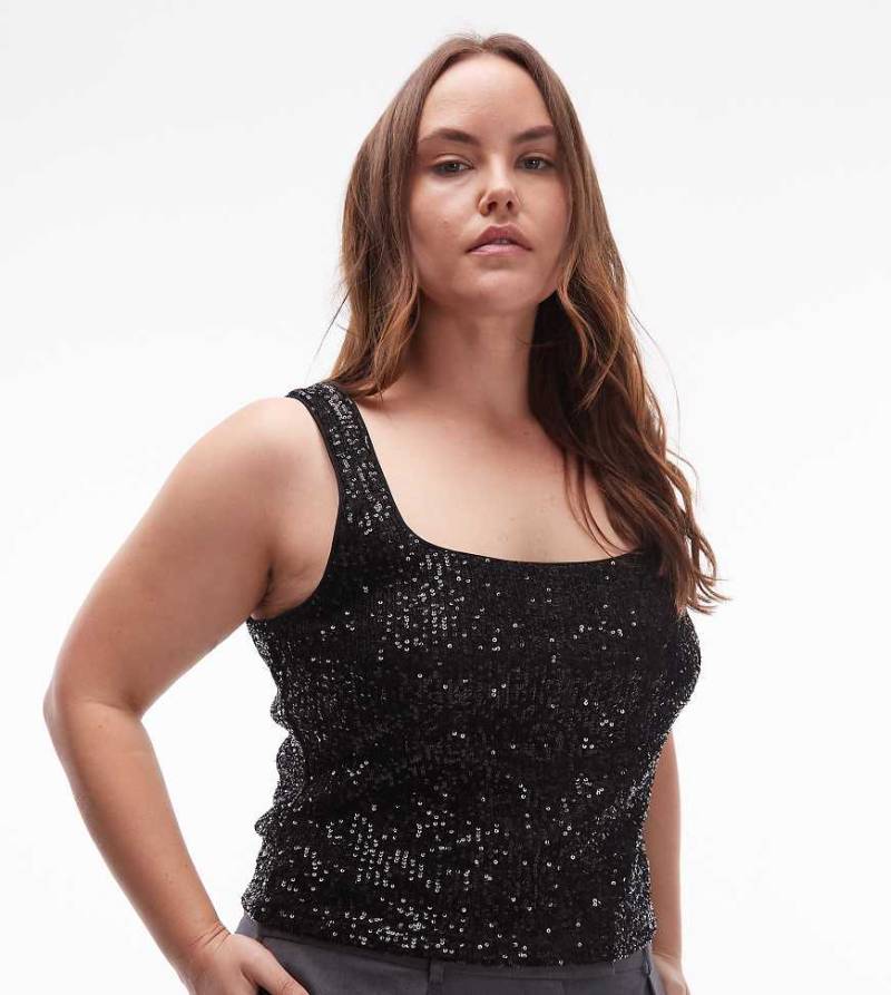 ASOS DESIGN Curve - Oberteil mit durchgehendem Paillettenbesatz in Schwarz und eckigem Ausschnitt von ASOS Curve