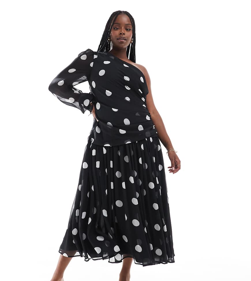 ASOS DESIGN Curve - One-Shoulder-Maxikleid in Schwarz-Weiß mit langem Ballonärmel und Punktemuster-Bunt ASOS DESIGN Curve - One-Shoulder-Maxikleid in Schwarz-Weiß mit langem Ballonärmel und Punktemuster-Bunt von ASOS Curve