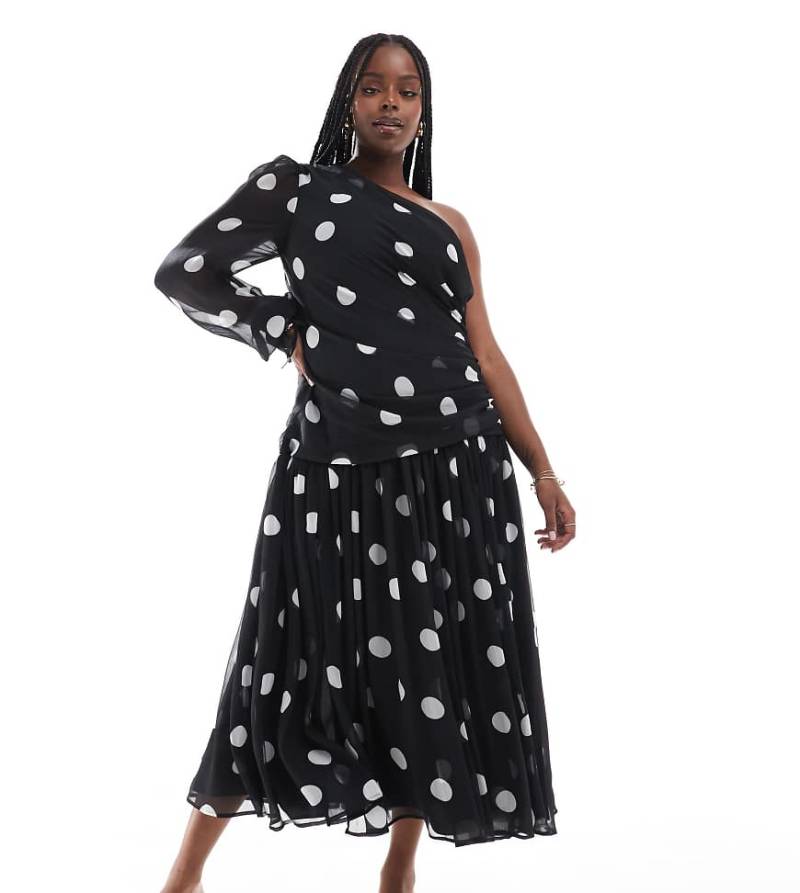 ASOS DESIGN Curve - One-Shoulder-Maxikleid in Schwarz-Weiß mit langem Ballonärmel und Punktemuster-Bunt von ASOS Curve