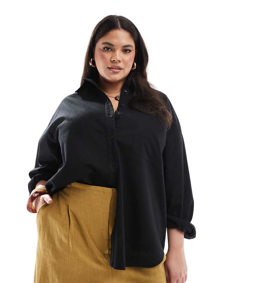 ASOS DESIGN Curve - Oversize-Hemd aus Leinenmix in Schwarz ASOS DESIGN Curve - Oversize-Hemd aus Leinenmix in Schwarz von ASOS Curve