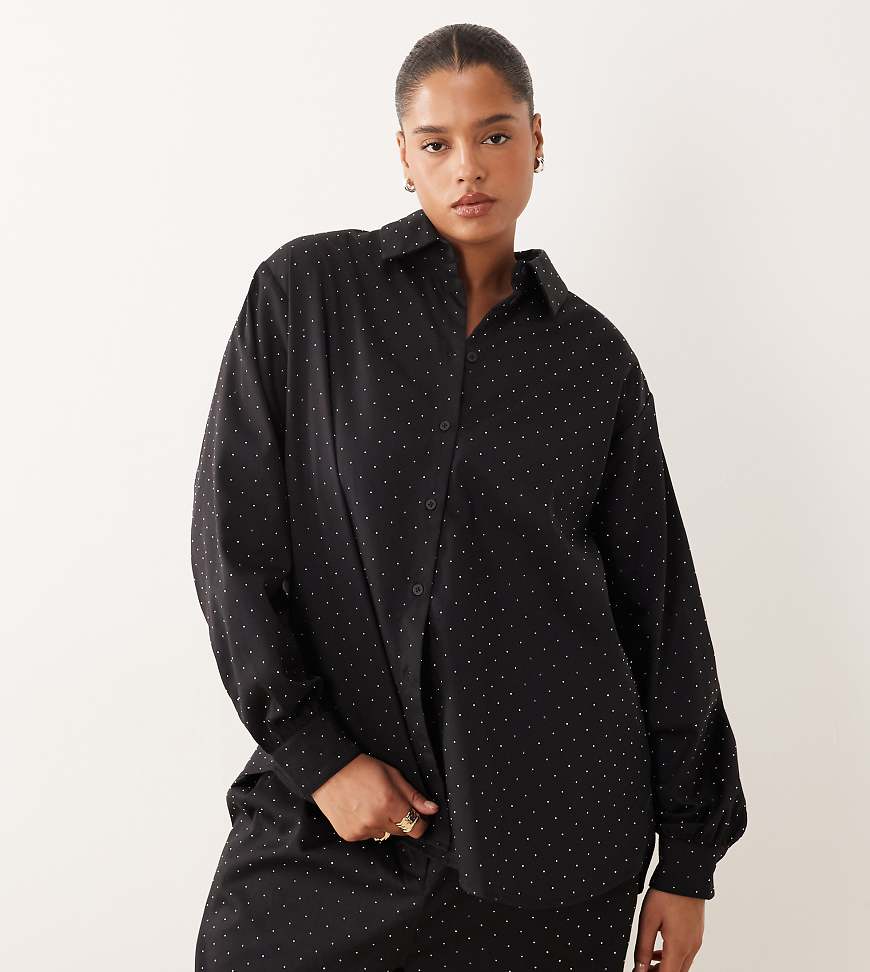 ASOS DESIGN Curve - Oversize-Hemdbluse in Schwarz mit Strassverzierung, Kombiteil von ASOS Curve