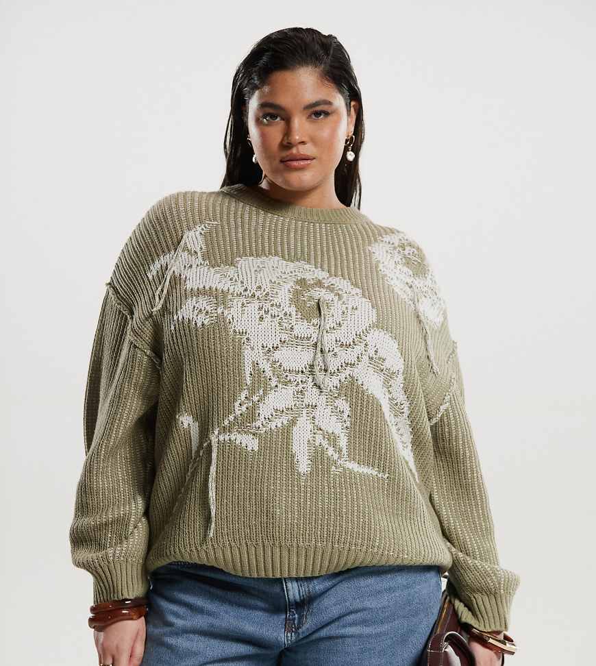 ASOS DESIGN Curve - Oversize-Strickpullover in Salbeigrün mit Rundhalsausschnitt und Rosenprint ASOS DESIGN Curve - Oversize-Strickpullover in Salbeigrün mit Rundhalsausschnitt und Rosenprint von ASOS Curve