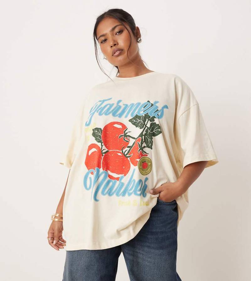 ASOS DESIGN Curve - Oversize-T-Shirt in Rosa mit „Farmers Market"-Textprint und Tomaten-Grafikmotiv von ASOS Curve
