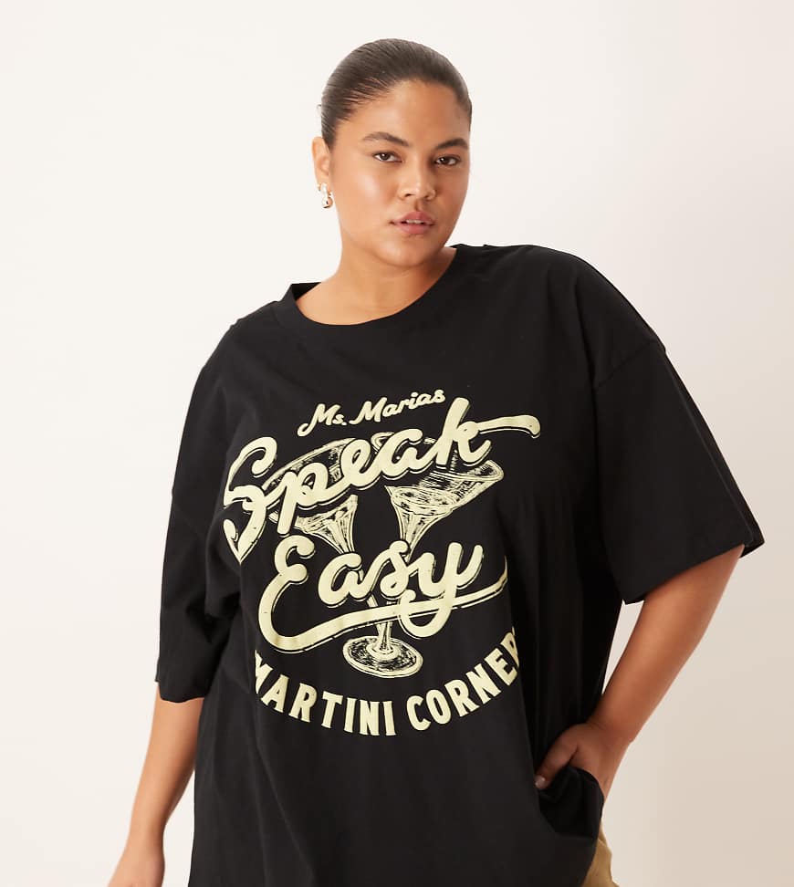 ASOS DESIGN Curve - Oversize-T-Shirt in Schwarz mit „Speak Easy"- und Martini-Print ASOS DESIGN Curve - Oversize-T-Shirt in Schwarz mit „Speak Easy"- und Martini-Print von ASOS Curve