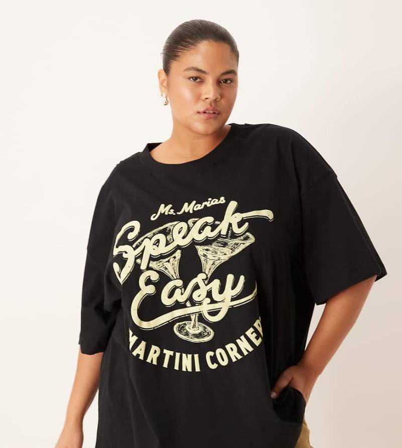 ASOS DESIGN Curve - Oversize-T-Shirt in Schwarz mit „Speak Easy"- und Martini-Print von ASOS Curve