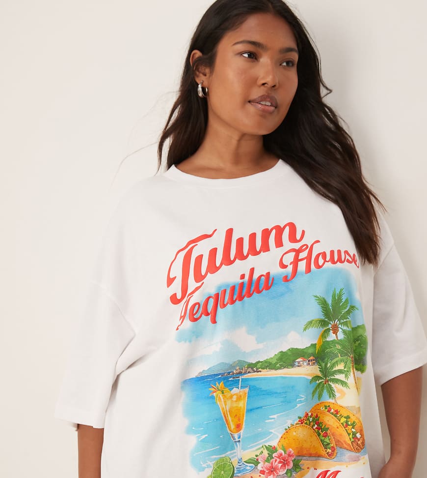 ASOS DESIGN Curve - Oversize-T-Shirt in Weiß mit „Tequila"- und Taco-Print von ASOS Curve