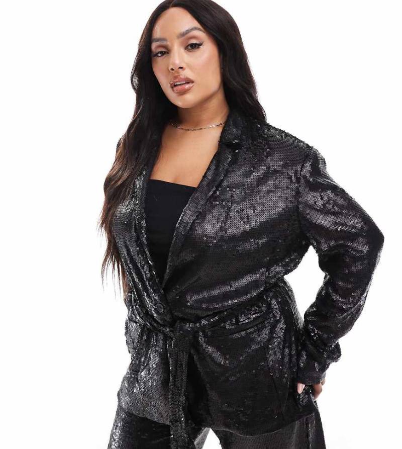 ASOS DESIGN Curve - Pailletten-Blazer in Schwarz mit Bindegürtel von ASOS Curve