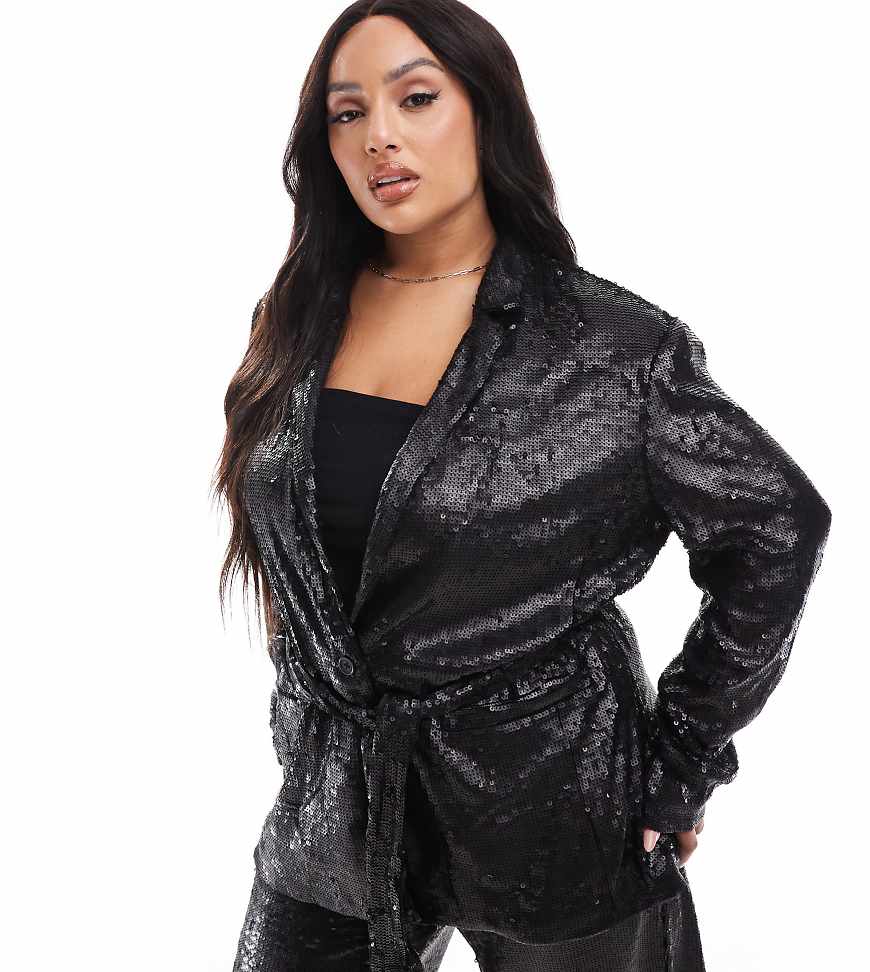 ASOS DESIGN Curve - Pailletten-Blazer in Schwarz mit Bindegürtel von ASOS Curve