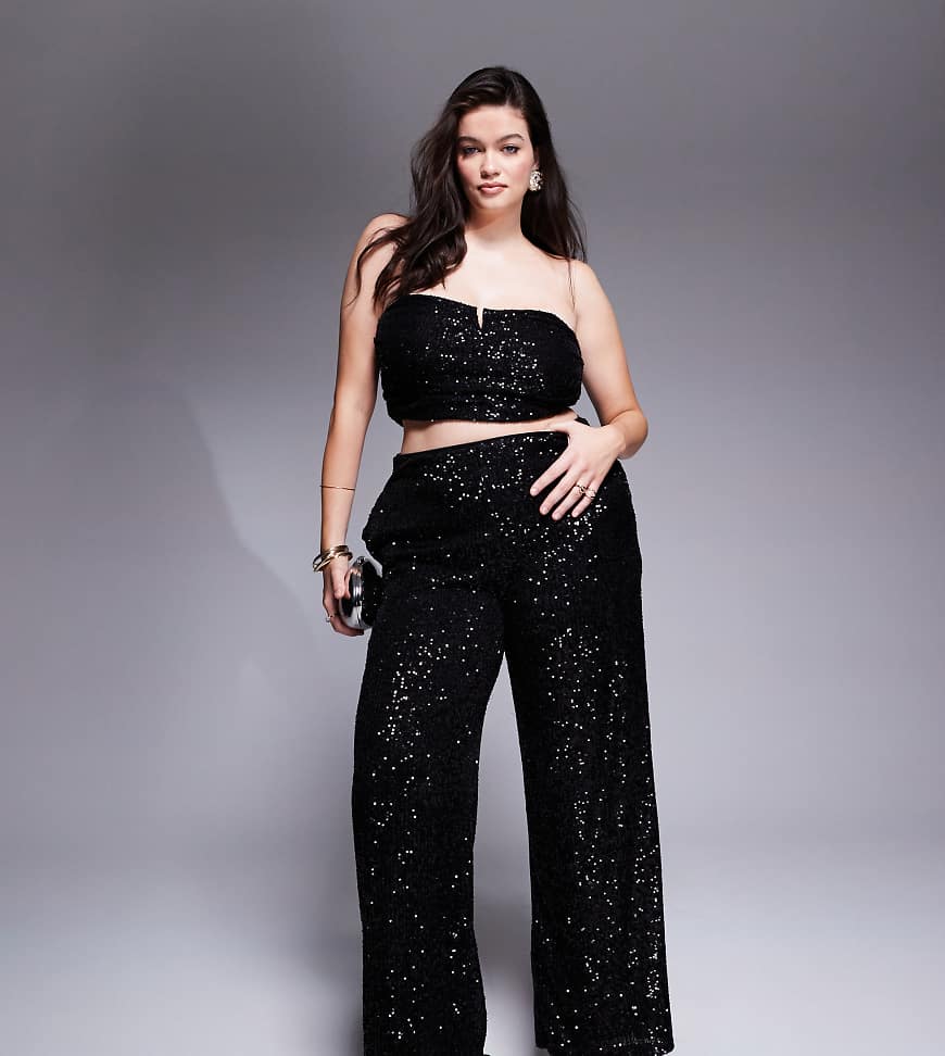 ASOS DESIGN Curve - Pailletten-Hose in Schwarz mit weitem Schnitt, Kombiteil ASOS DESIGN Curve - Pailletten-Hose in Schwarz mit weitem Schnitt, Kombiteil von ASOS Curve