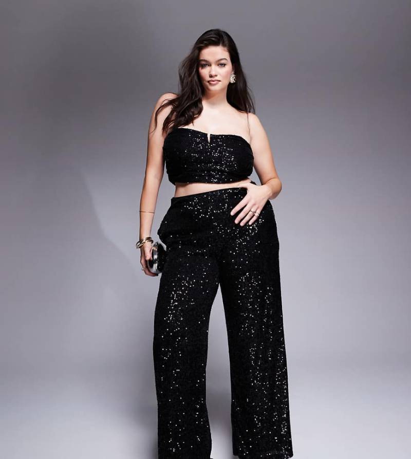 ASOS DESIGN Curve - Pailletten-Hose in Schwarz mit weitem Schnitt, Kombiteil von ASOS Curve