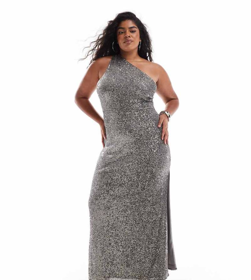 ASOS DESIGN Curve - Pailletten-Maxikleid in Silber mit One-Shoulder-Träger und Trägerdetail hinten von ASOS Curve