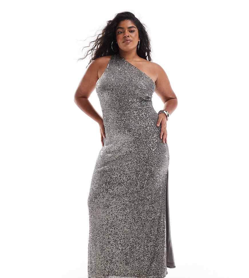 ASOS DESIGN Curve - Pailletten-Maxikleid in Silber mit One-Shoulder-Träger und Trägerdetail hinten ASOS DESIGN Curve - Pailletten-Maxikleid in Silber mit One-Shoulder-Träger und Trägerdetail hinten von ASOS Curve