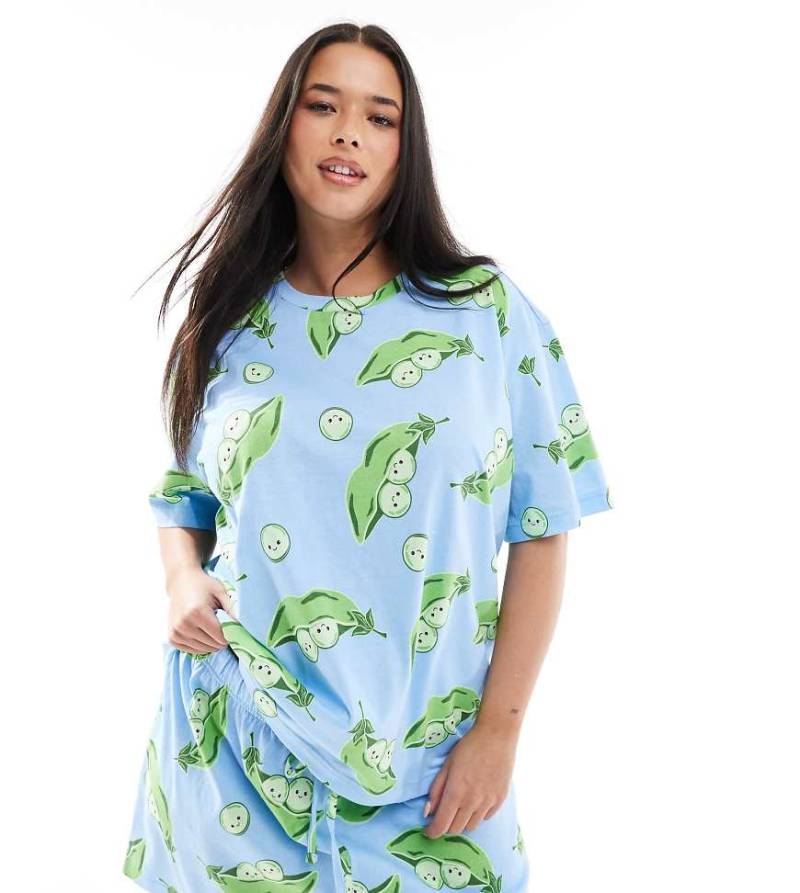 ASOS DESIGN Curve - Peas in a Pod - Pyjamaset in Blau mit Oversize-T-Shirt und Shorts von ASOS Curve