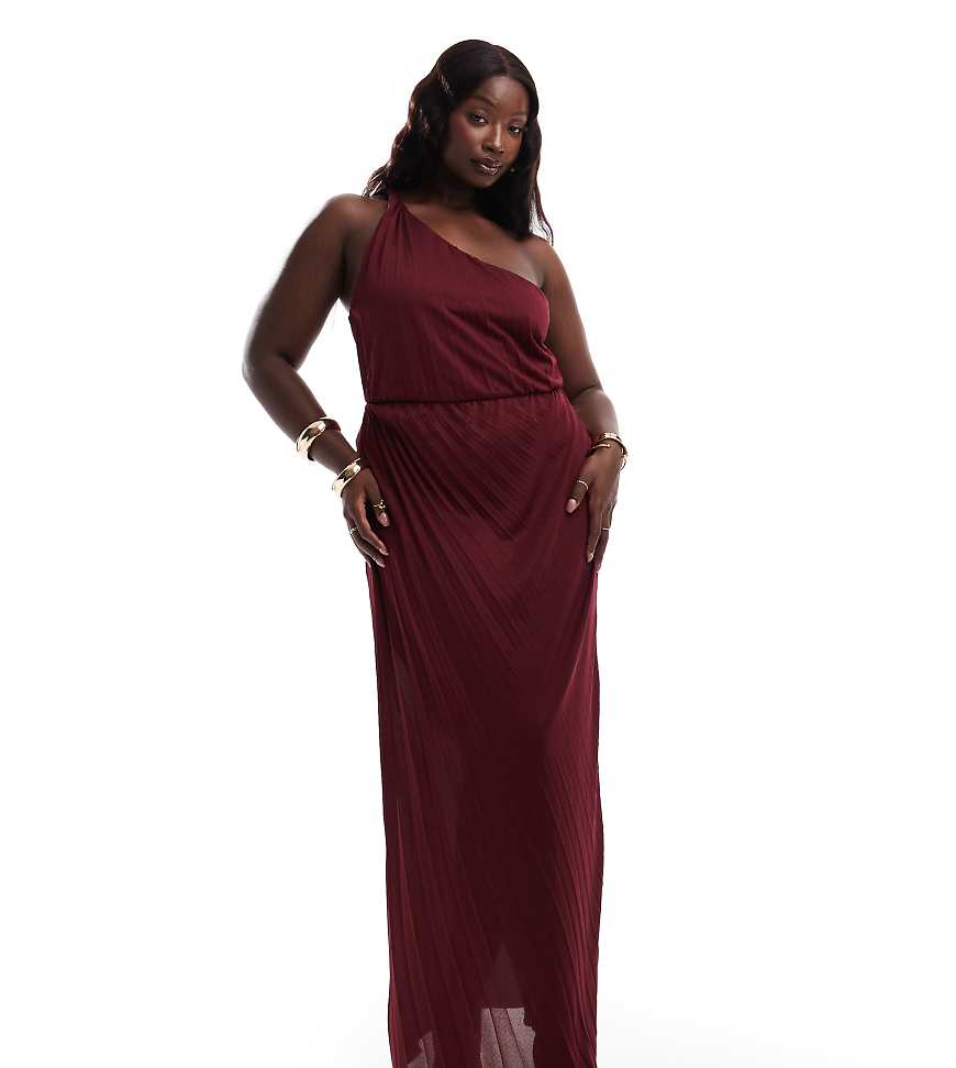 ASOS DESIGN Curve - Plissee-Maxikleid in Beerenrot mit verdrehtem One-Shoulder-Träger ASOS DESIGN Curve - Plissee-Maxikleid in Beerenrot mit verdrehtem One-Shoulder-Träger von ASOS Curve