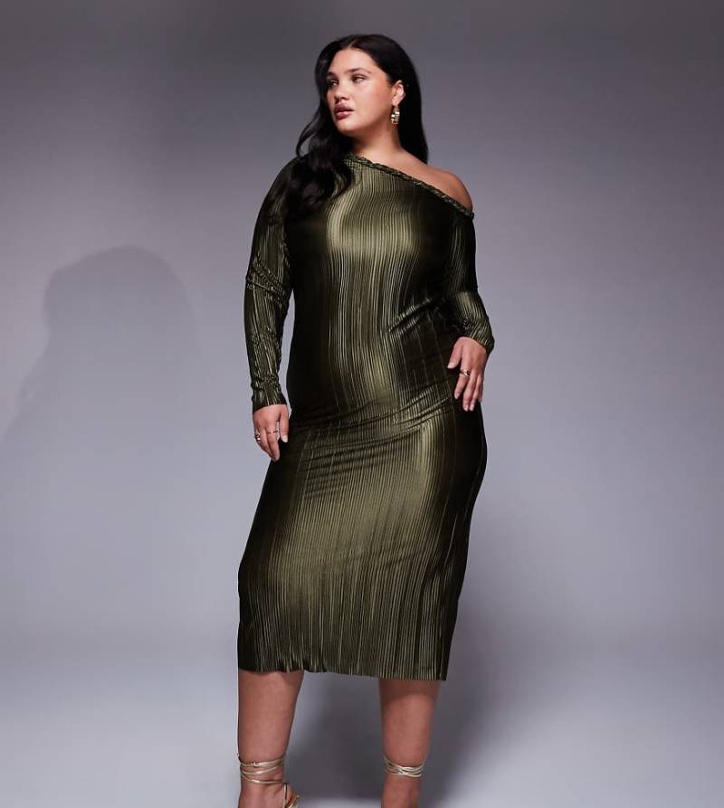ASOS DESIGN Curve - Plissee-Maxikleid in Khaki mit geflochtenem Ausschnitt-Grün von ASOS Curve