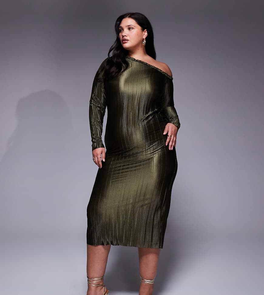 ASOS DESIGN Curve - Plissee-Maxikleid in Khaki mit geflochtenem Ausschnitt-Grün von ASOS Curve