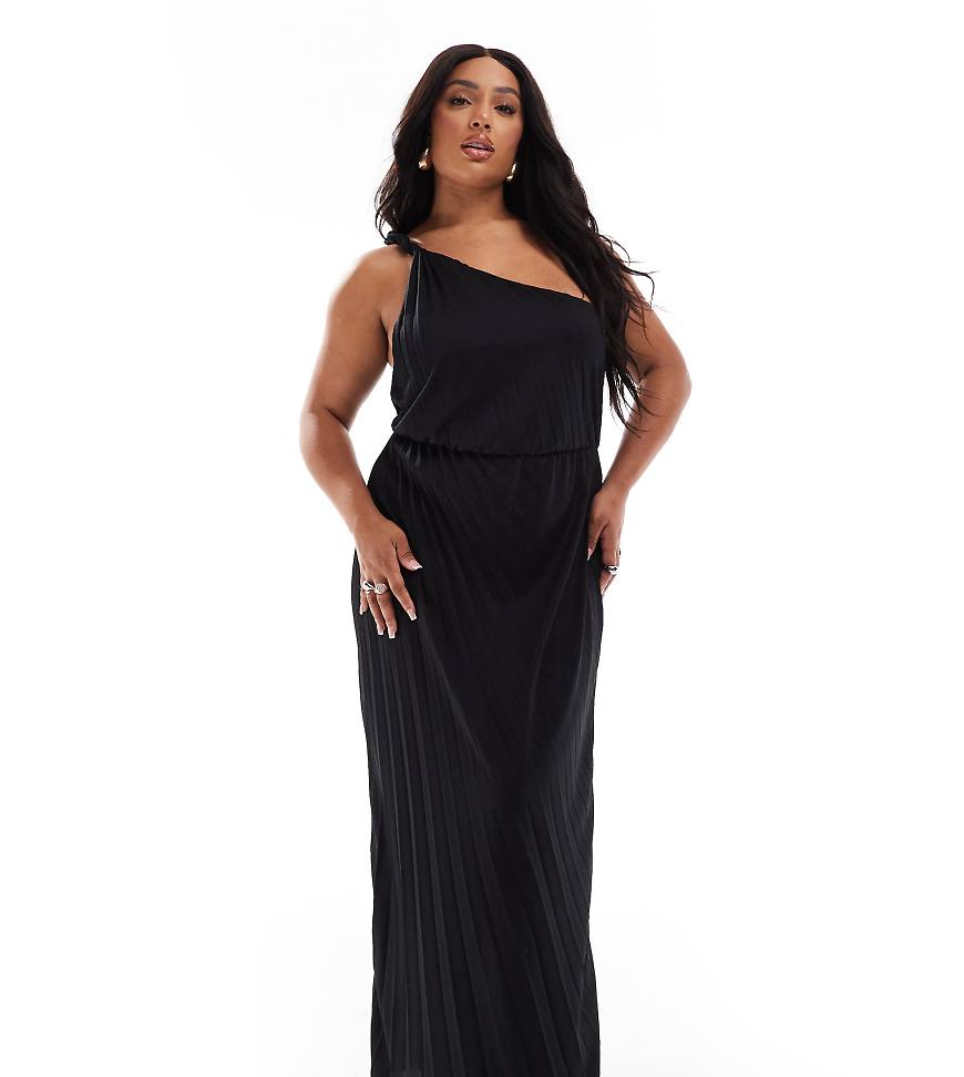 ASOS DESIGN Curve - Plissee-Maxikleid in Schwarz mit verdrehtem One-Shoulder-Träger ASOS DESIGN Curve - Plissee-Maxikleid in Schwarz mit verdrehtem One-Shoulder-Träger von ASOS Curve