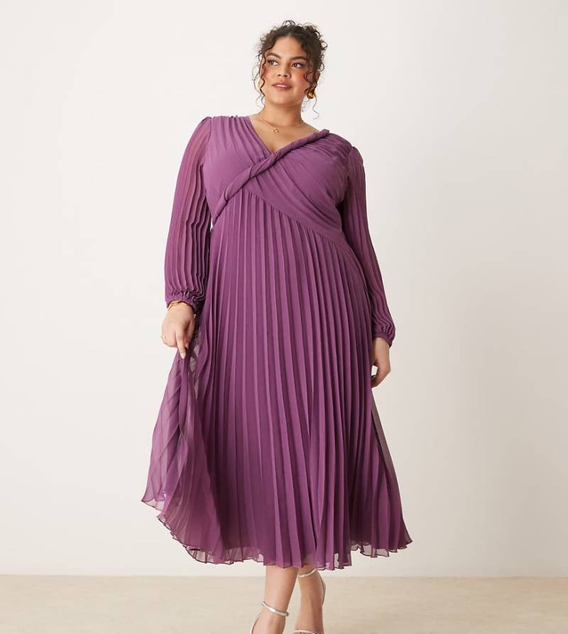 ASOS DESIGN Curve - Plissee-Midikleid in Lila mit verdrehtem Detail und gewickelter Vorderseite-Bunt von ASOS Curve