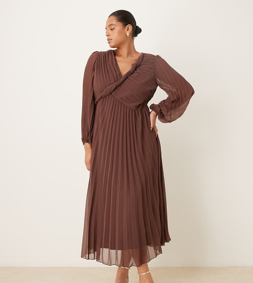 ASOS DESIGN Curve - Plissee-Midikleid in Schokobraun mit verdrehtem Detail und Wickeldesign vorne-Bunt von ASOS Curve