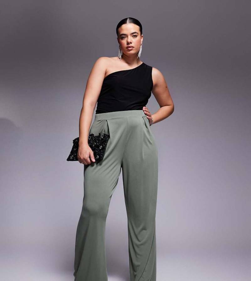 ASOS DESIGN Curve - Weiche Hose in Khaki mit Bundfalten und weitem Bein-Grün von ASOS Curve