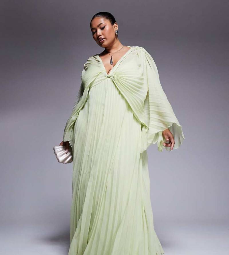 ASOS DESIGN Curve - Plissiertes Maxikleid aus Chiffon in Apfelgrün mit verdrehtem Detail vorne von ASOS Curve
