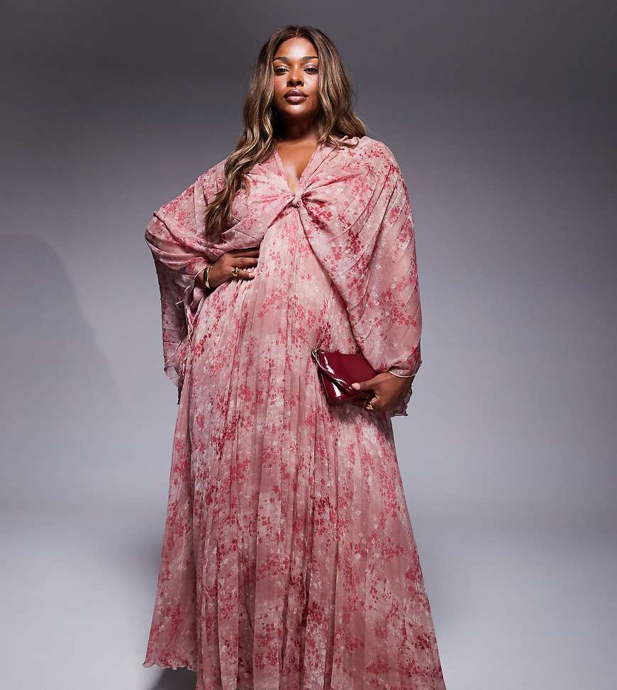 ASOS DESIGN Curve - Plissiertes Maxikleid aus Chiffon in Rosa geblümt mit verdrehtem Detail vorne-Bunt ASOS DESIGN Curve - Plissiertes Maxikleid aus Chiffon in Rosa geblümt mit verdrehtem Detail vorne-Bunt von ASOS Curve