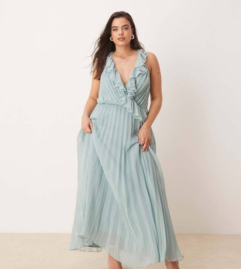 ASOS DESIGN Curve - Plissiertes Midikleid in Salbeigrün mit Rüschen-Wickeldesign-Bunt von ASOS Curve