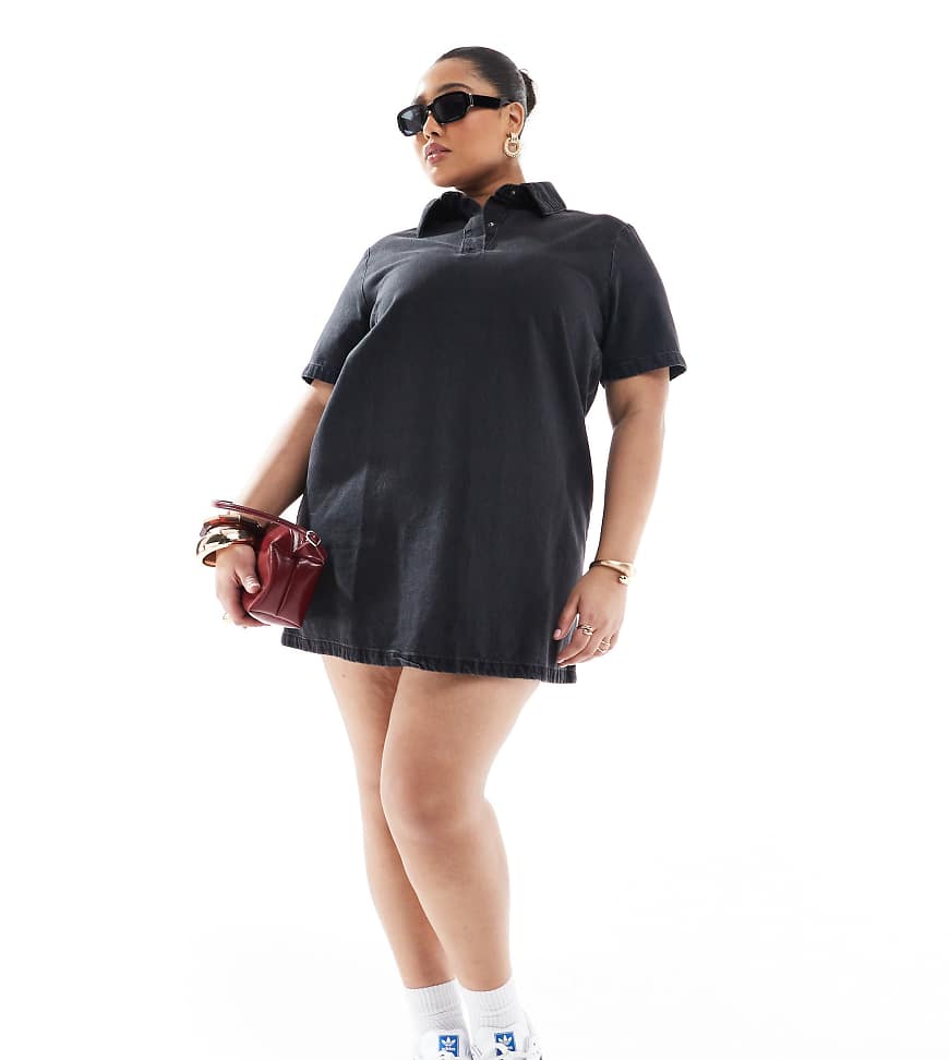 ASOS DESIGN Curve - Polo-Jeanskleid in verwaschenem Schwarz von ASOS Curve