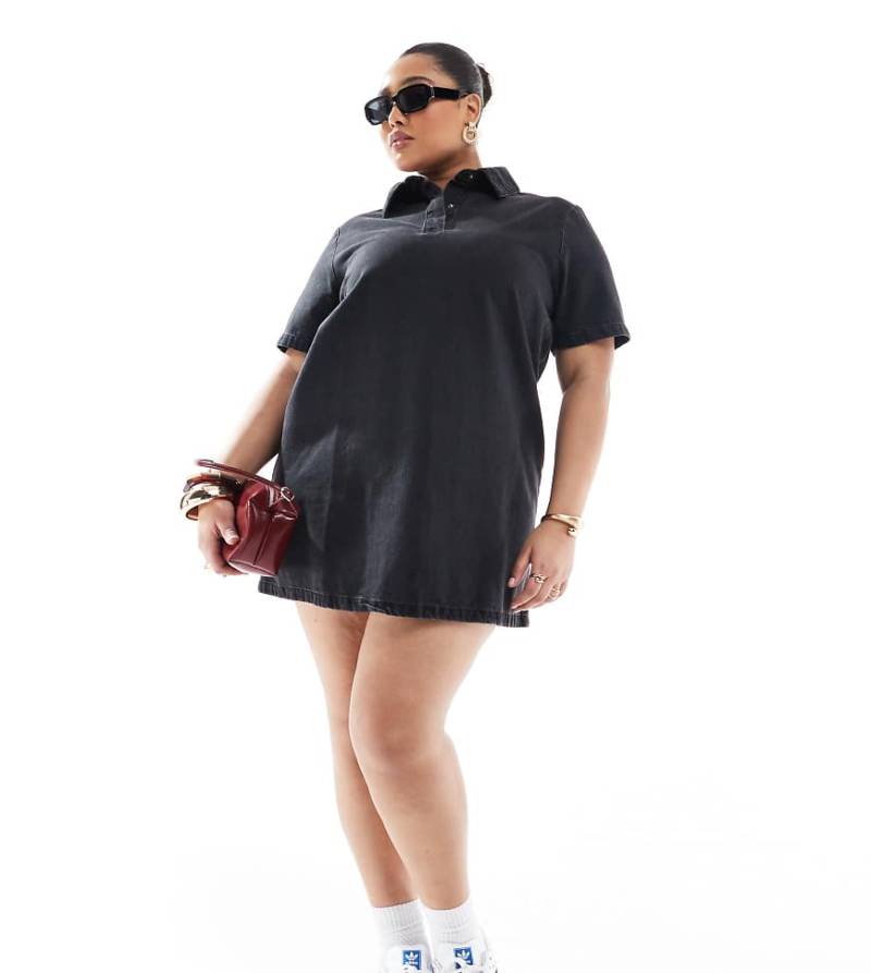 ASOS DESIGN Curve - Polo-Jeanskleid in verwaschenem Schwarz von ASOS Curve