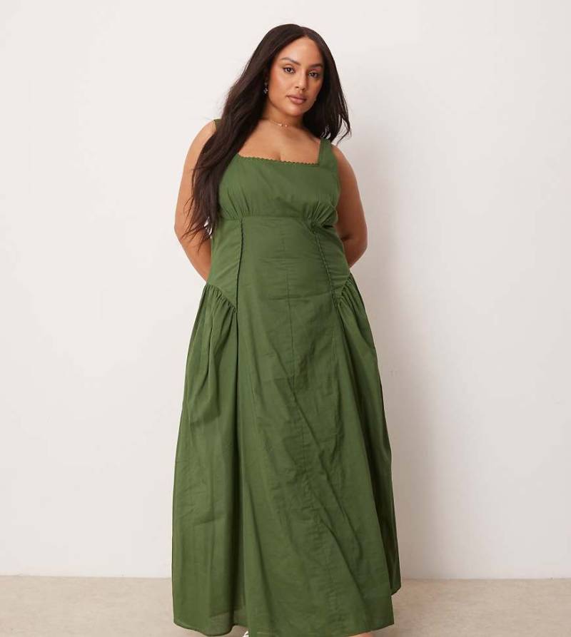 ASOS DESIGN Curve - Prärie-Maxikleid in Tannengrün mit eckigem Ausschnitt und tief angesetzter Taille von ASOS Curve