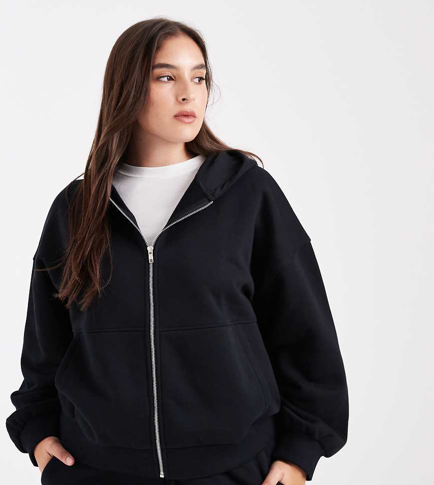 ASOS DESIGN Curve - Premium - Schwere Kapuzenjacke in Schwarz mit Reißverschluss, 500 g/m² von ASOS Curve