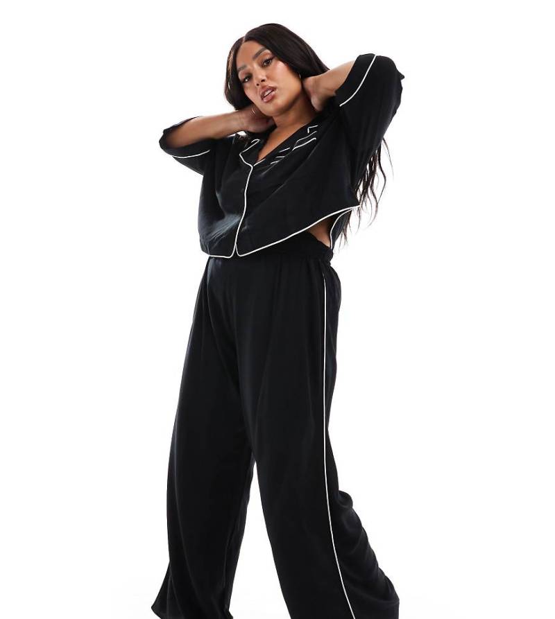 ASOS DESIGN Curve - Pyjama-Hose in Schwarz mit weitem Bein und Kontrasteinfassung von ASOS Curve
