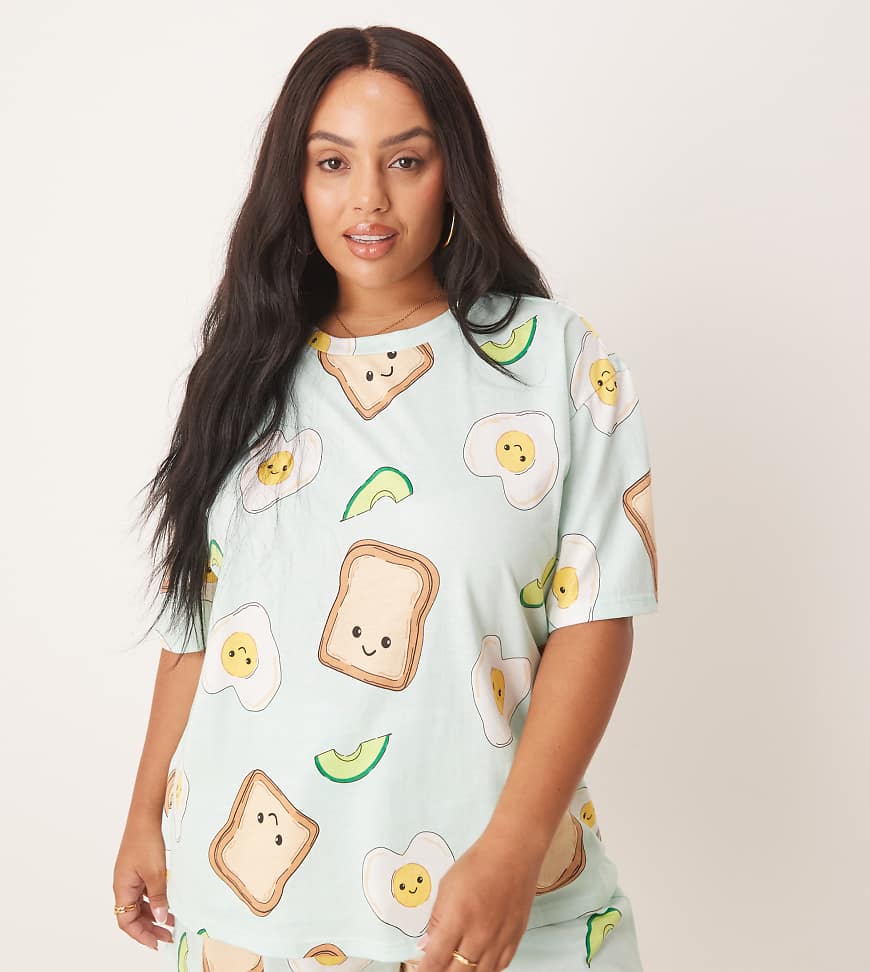 ASOS DESIGN Curve - Pyjama aus Oversize-T-Shirt und Shorts in Grün mit Avocado-auf-Toast-Print-Bunt ASOS DESIGN Curve - Pyjama aus Oversize-T-Shirt und Shorts in Grün mit Avocado-auf-Toast-Print-Bunt von ASOS Curve