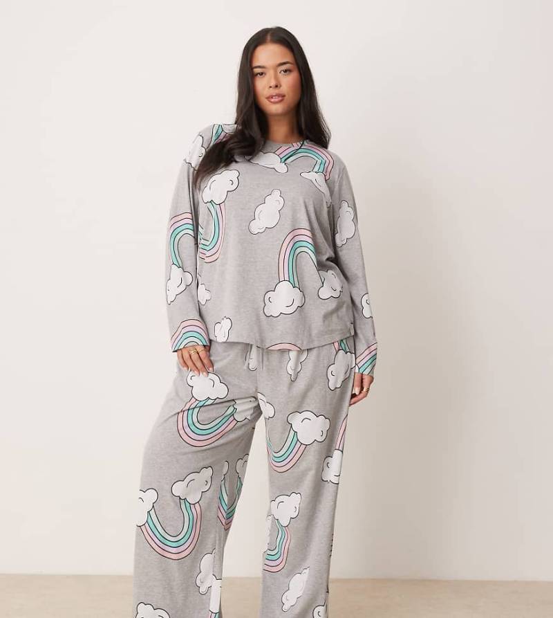 ASOS DESIGN Curve - Pyjama in meliertem Grau mit langärmligem Oberteil und Hose mit „Regenbogen"-Grafikprints von ASOS Curve