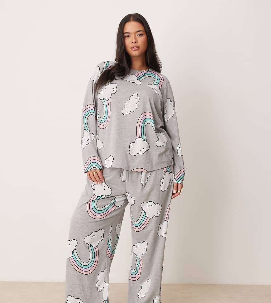 ASOS DESIGN Curve - Pyjama in meliertem Grau mit langärmligem Oberteil und Hose mit „Regenbogen"-Grafikprints ASOS DESIGN Curve - Pyjama in meliertem Grau mit langärmligem Oberteil und Hose mit „Regenbogen"-Grafikprints von ASOS Curve