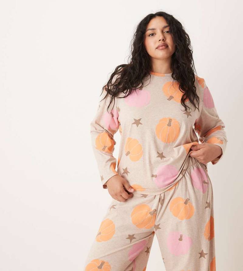 ASOS DESIGN Curve - Pyjama mit Kürbismuster, aus langärmligem Oberteil und Hose-Weiß von ASOS Curve