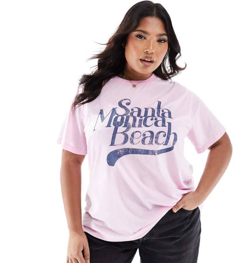 ASOS DESIGN Curve - Regular-Fit-T-Shirt in Rosa mit „Santa Monica Beach"-Ausbrennermuster von ASOS Curve
