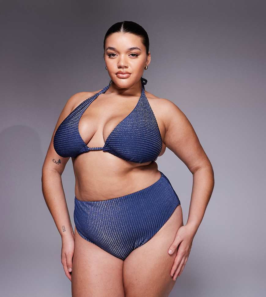 ASOS DESIGN Curve - Riddy Azores - Glitzernde, gerippte Bikinihose in Schieferblau mit hohem Beinausschnitt und hohem Bund von ASOS Curve