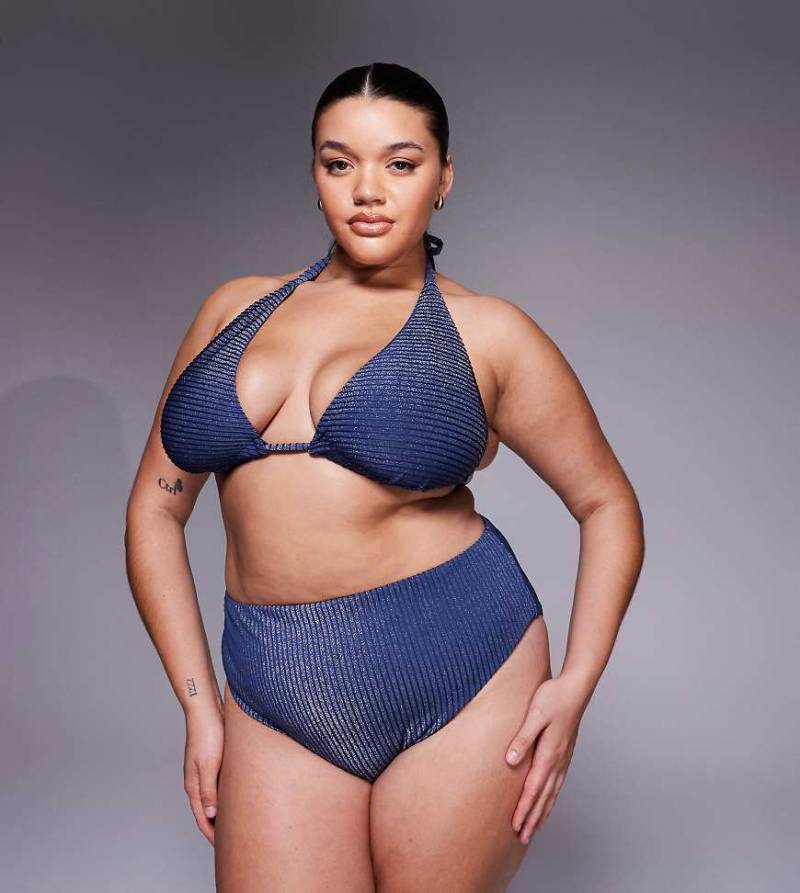 ASOS DESIGN Curve - Riddy Azores - Glitzernde, gerippte Bikinihose in Schieferblau mit hohem Beinausschnitt und hohem Bund von ASOS Curve