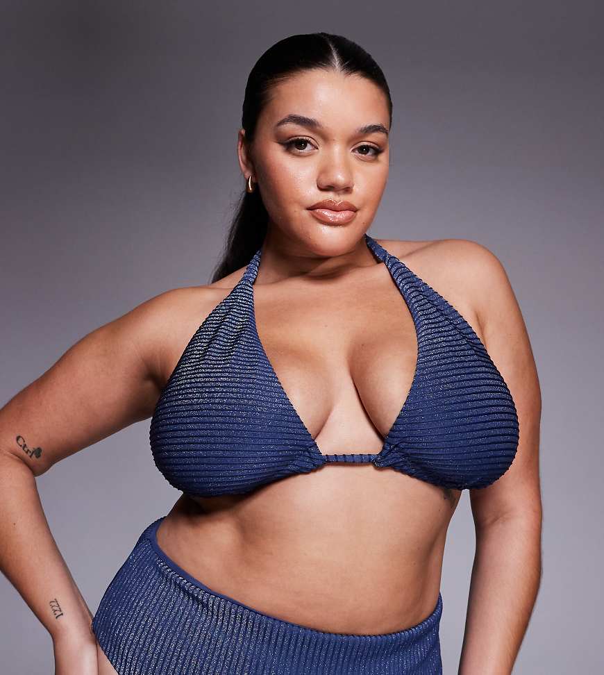 ASOS DESIGN Curve - Riddy Laguna - Glitzerndes, geripptes Bikinioberteil in Schieferblau mit hohem Trägeransatz von ASOS Curve