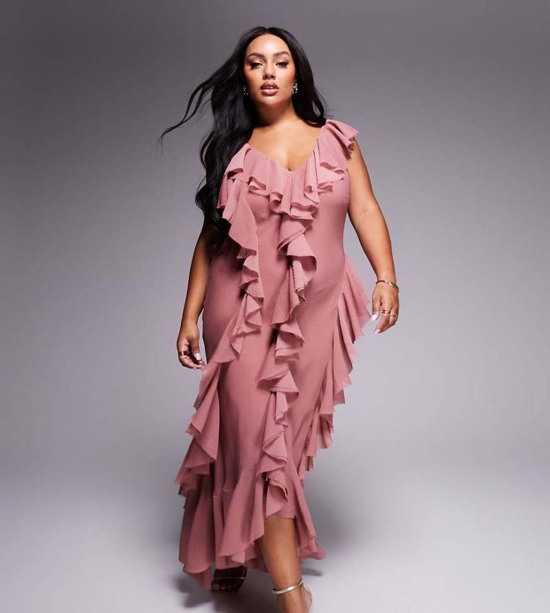 ASOS DESIGN Curve - Rüschen-Maxikleid in Rosé mit Rückenausschnitt und Schrägschnitt-Rosa von ASOS Curve