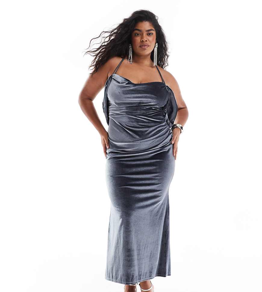 ASOS DESIGN Curve - Samt-Midikleid in Anthrazit mit Wasserfallausschnitt hinten-Grau von ASOS Curve
