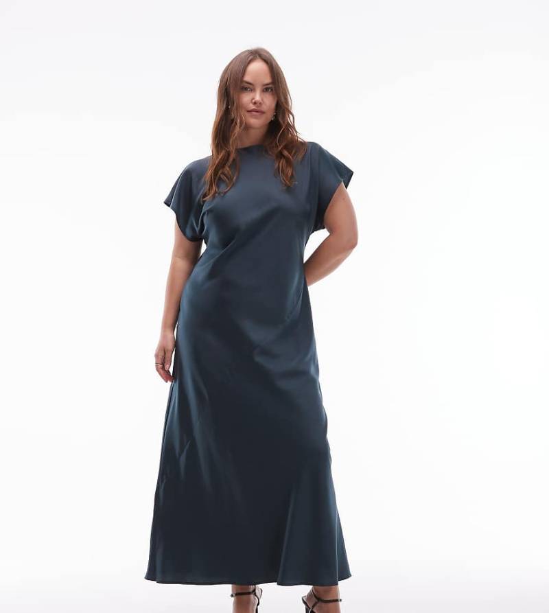 ASOS DESIGN Curve - Satin-Maxikleid in Grün mit Kappärmeln und Nahtdetail von ASOS Curve