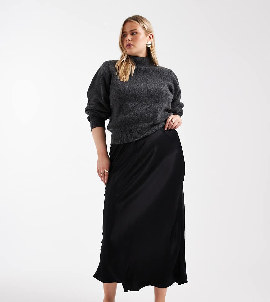 ASOS DESIGN Curve - Satin-Maxirock in Schwarz mit Schrägschnitt von ASOS Curve