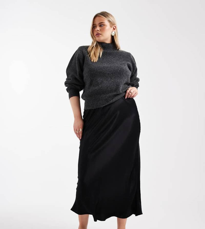 ASOS DESIGN Curve - Satin-Maxirock in Schwarz mit Schrägschnitt von ASOS Curve