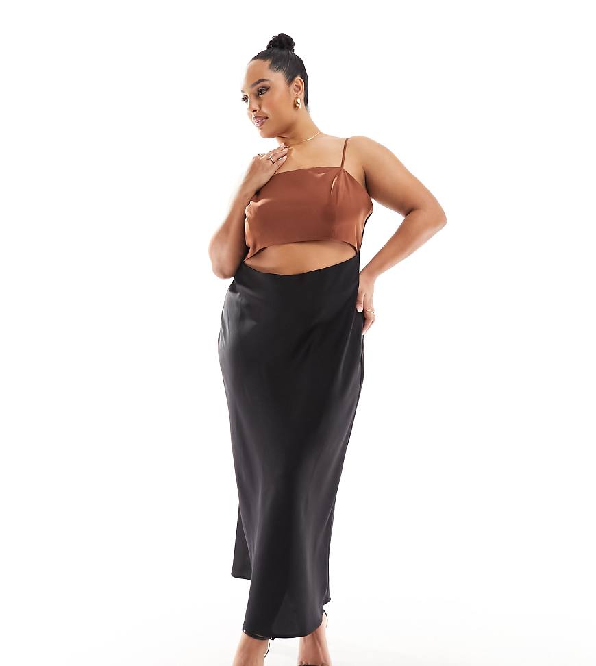 ASOS DESIGN Curve - Satin-Midikleid in Schwarz mit Blockfarbendesign und schokobraunem Oberteil ASOS DESIGN Curve - Satin-Midikleid in Schwarz mit Blockfarbendesign und schokobraunem Oberteil von ASOS Curve