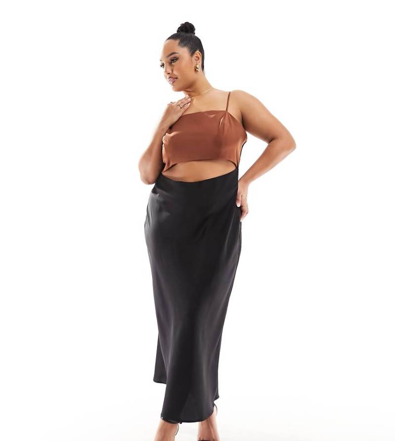 ASOS DESIGN Curve - Satin-Midikleid in Schwarz mit Blockfarbendesign und schokobraunem Oberteil von ASOS Curve