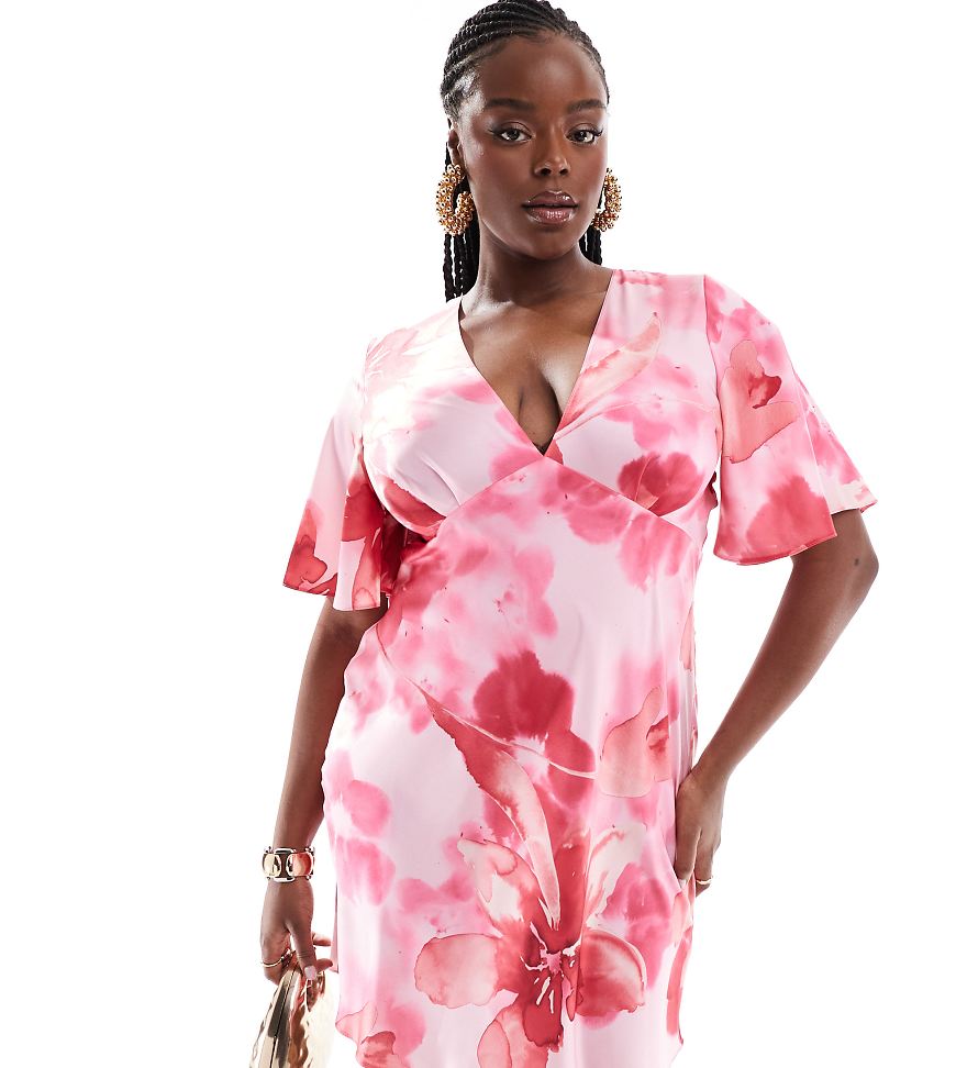 ASOS DESIGN Curve - Satin-Minikleid mit Blumenmuster in Rosa und Flatterärmeln-Bunt ASOS DESIGN Curve - Satin-Minikleid mit Blumenmuster in Rosa und Flatterärmeln-Bunt von ASOS Curve