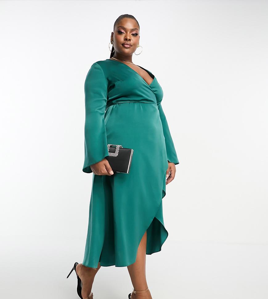 ASOS DESIGN Curve - Satin-Wickelkleid in Blaugrün mit asymmetrischem Schnitt und Taillenschnürung von ASOS Curve
