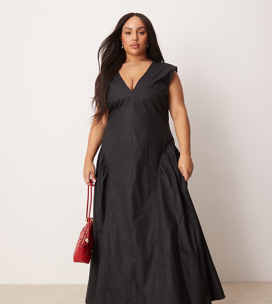 ASOS DESIGN Curve - Schlichtes Midikleid in Schwarz mit Godet-Falten am Saum und V-Ausschnitt-Grün von ASOS Curve